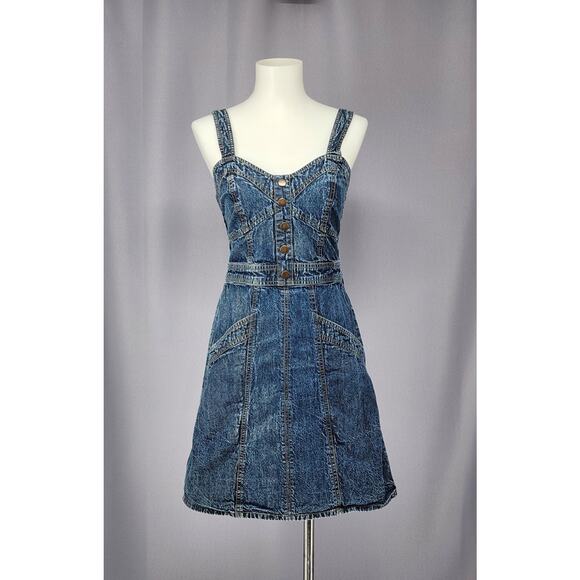 Japan Dress Womens Small Blue Cotton Denim Micro Mini Sweatheart Neckline Y2K - Picture 1 of 10